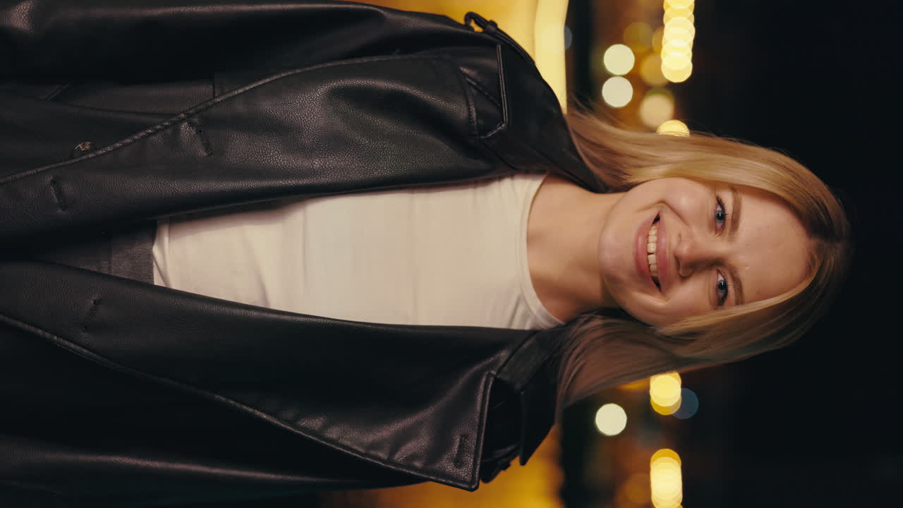 Portrait of a woman in a black leather jacket smiling at night