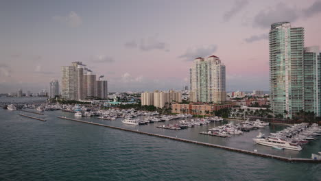 miami skyline and marina at sunset