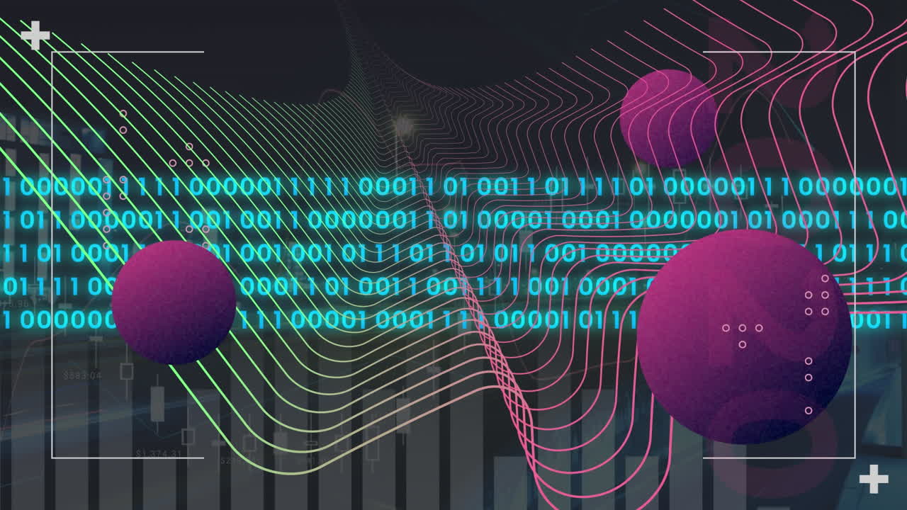 Animation of binary coding data processing with markers and purple balls
