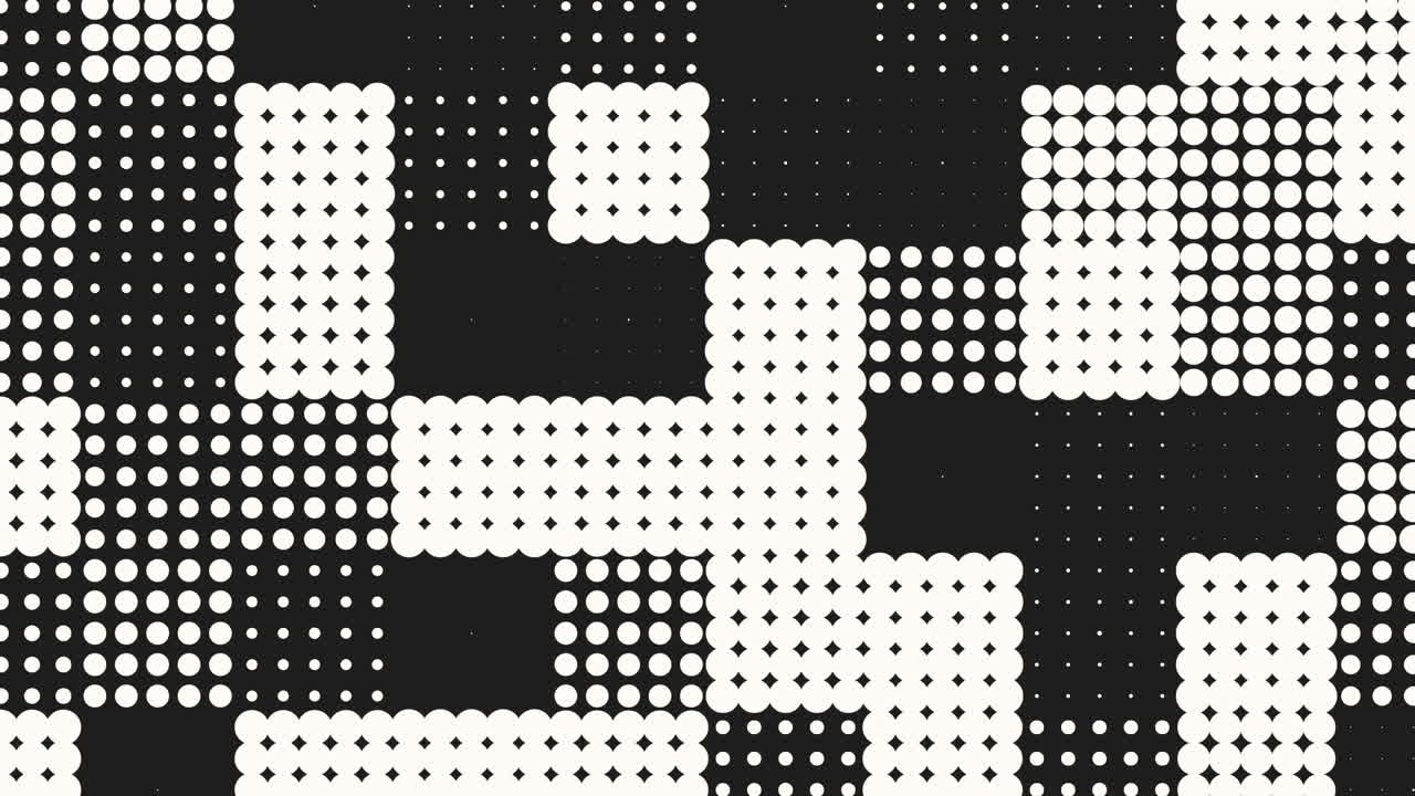 A black background with a grid pattern formed by small white dots creates a minimalist and striking visual effect