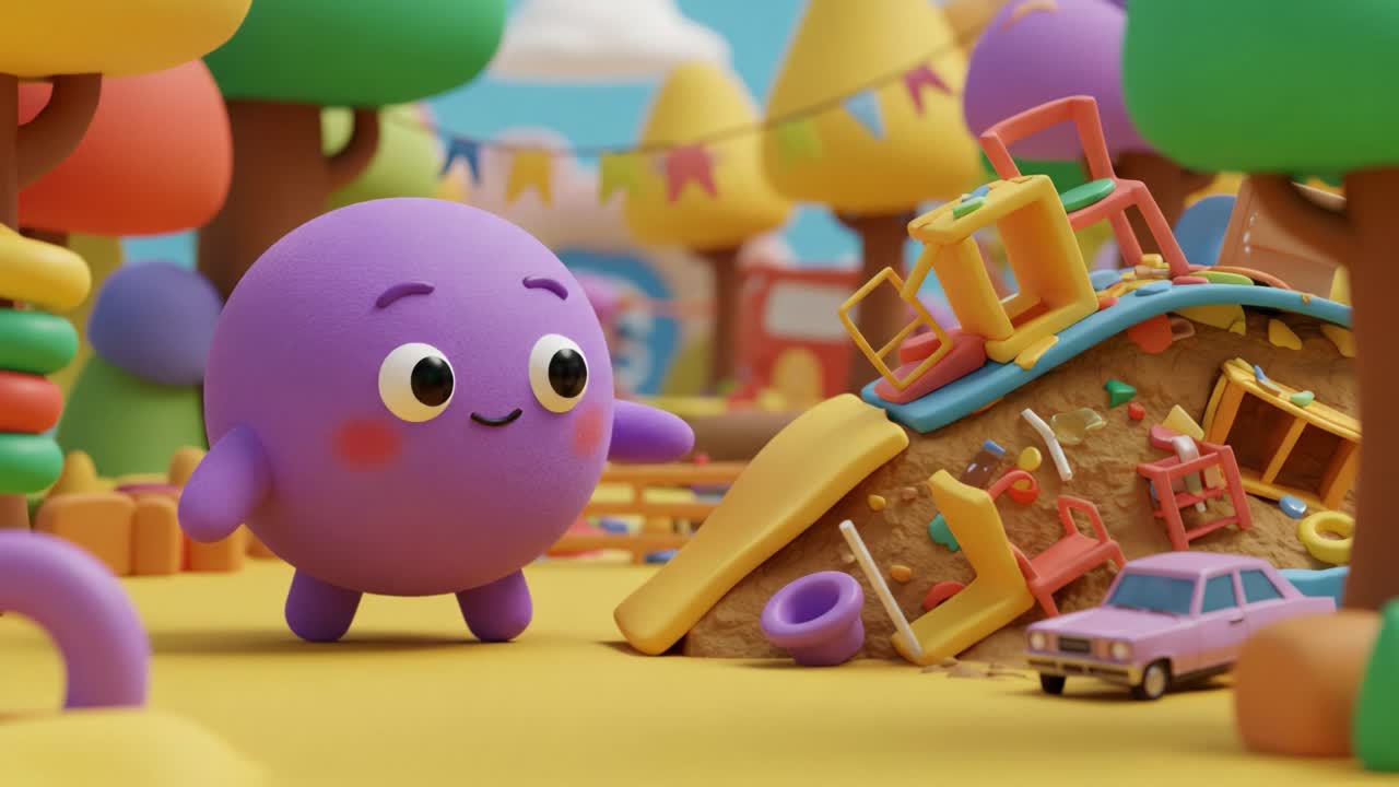 A colorful purple character joyfully explores a whimsical playland, filled with vibrant toys and playful scenery, highlighting a bright and cheerful environment