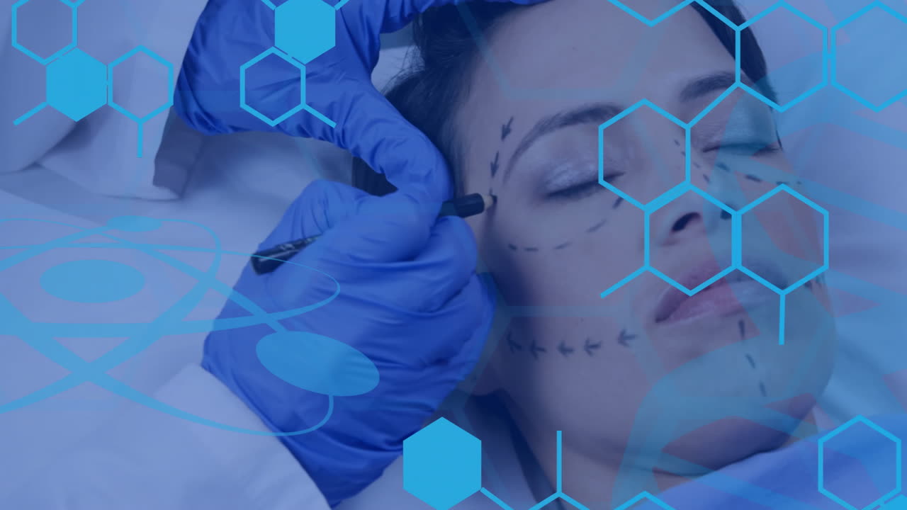 Animation of chemical formula over surgeon preapring patient for surgery