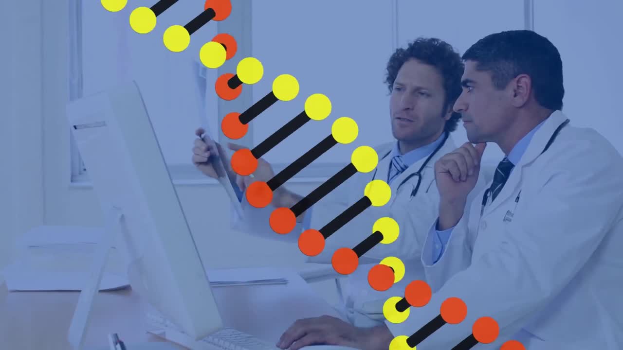 animación de una hélice gráfica de adn que gira sobre médicos multirraciales masculinos que comprueban rayos x en el hospital