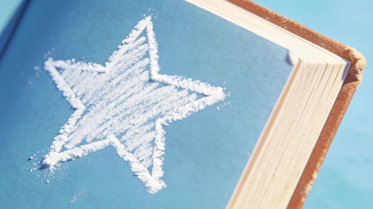 Recording blue hardcover book showing micro focus shifts on tabletop, documenting white powder star
