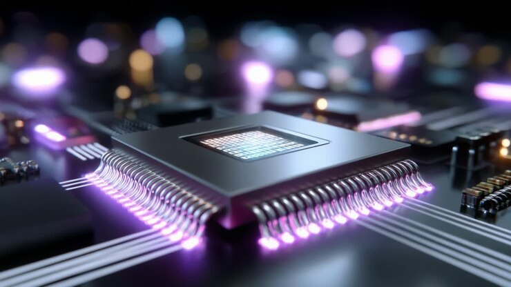 Nærbillede af en moderne mikroprocessorchip belyst med livlige lys, der viser indviklede kredsløbsdesign og forbindelser på et højteknologisk motherboard, hvilket understreger avanceret teknologi og ingeniørkunst