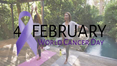 animación del día mundial del cáncer sobre diversas mujeres practicando yoga al aire libre
