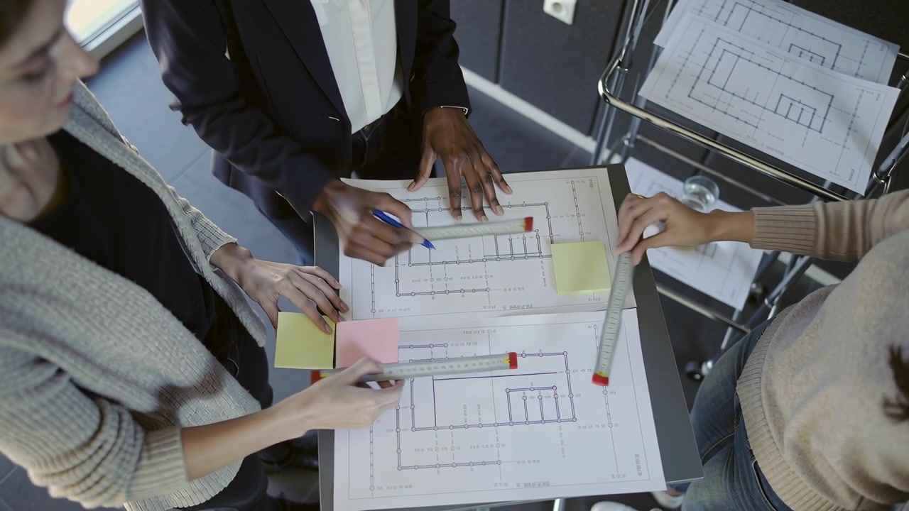 Placing plans, three women with blazer measuring, marking at table for design, rulers, sticky notes