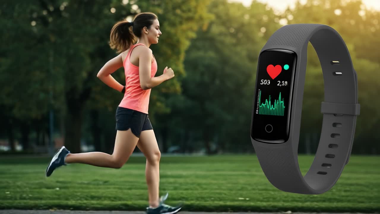 A Runner's Journey: Embracing Fitness and Technology with a Smart Wristband Tracking Heart Rate and Activity Levels Along the Scenic Park Path