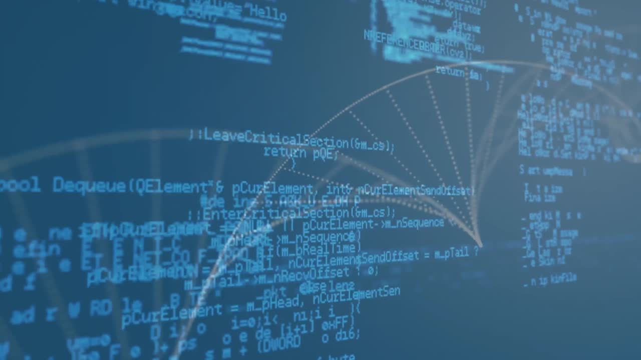 Animation of processing blue data and dna helix rotating on blue screen
