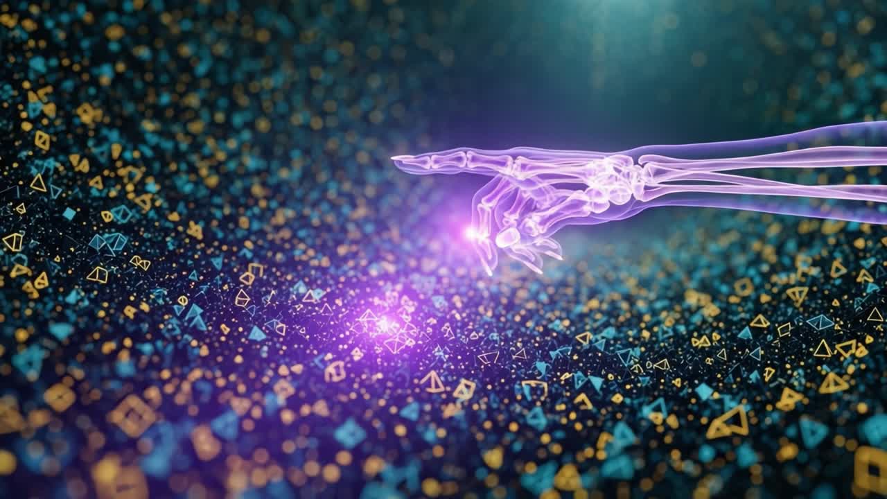 A Futuristic Depiction of a Robotic Hand Reaching Out to Illuminate a Digital Universe Filled with Vibrant Geometric Patterns and Twinkling Lights