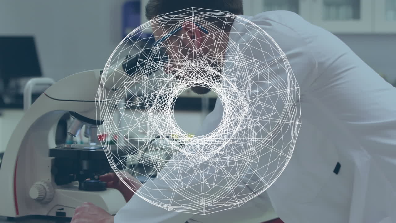 실험실에서 일하는 남성 의사 위에 색 원의 애니메이션