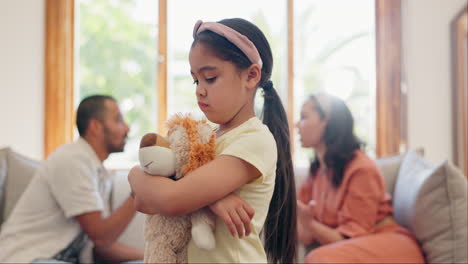 sad, child and parents in a fight