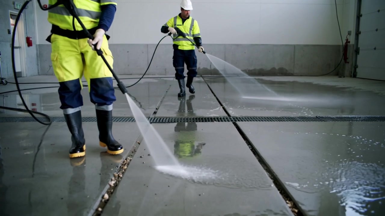 Activating lances sending two workers sweeping seams in service bay, in hi-vis jackets toward drain