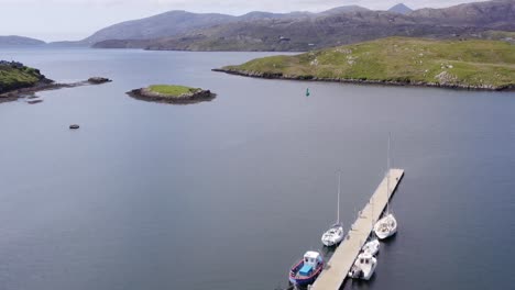 drone shot of the pier on the isle of scalpay, an island near the isles of harris and lewis on the outer hebrides of scotland