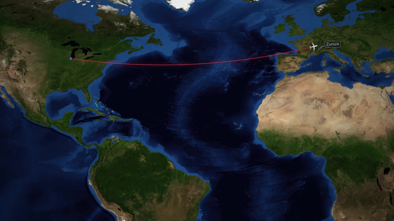 Red line traces airplane flight route from Chicago to Zurich on satellite world map