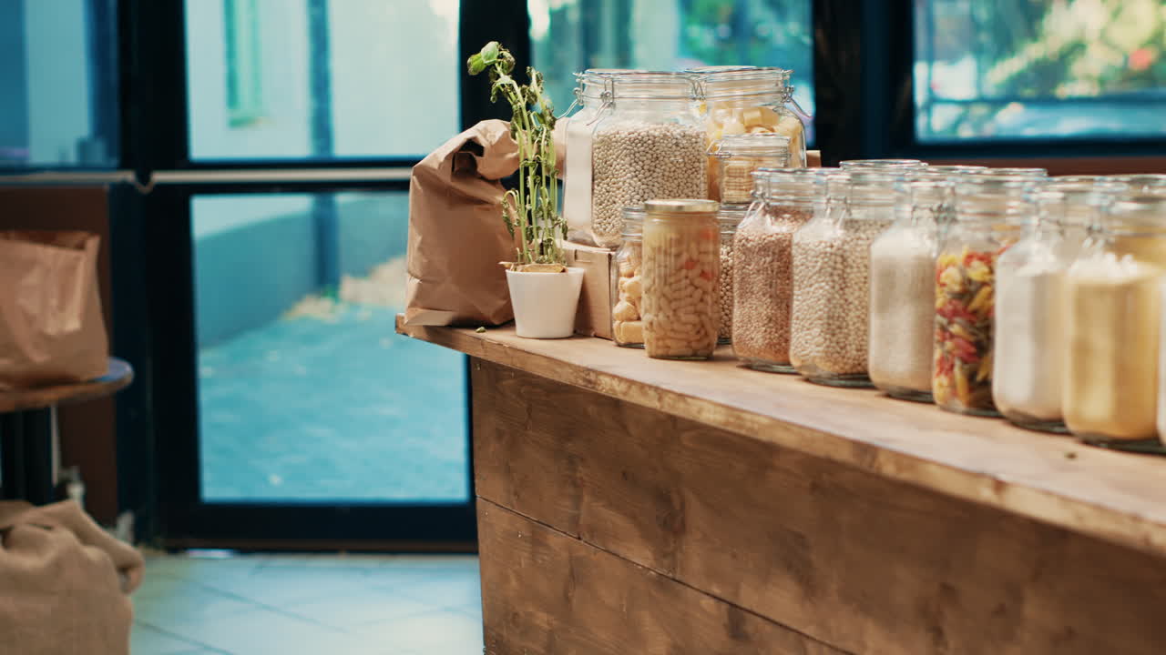 생태 친화적인 슈퍼마켓에서 화학물질이 없는 파스타와 시리얼