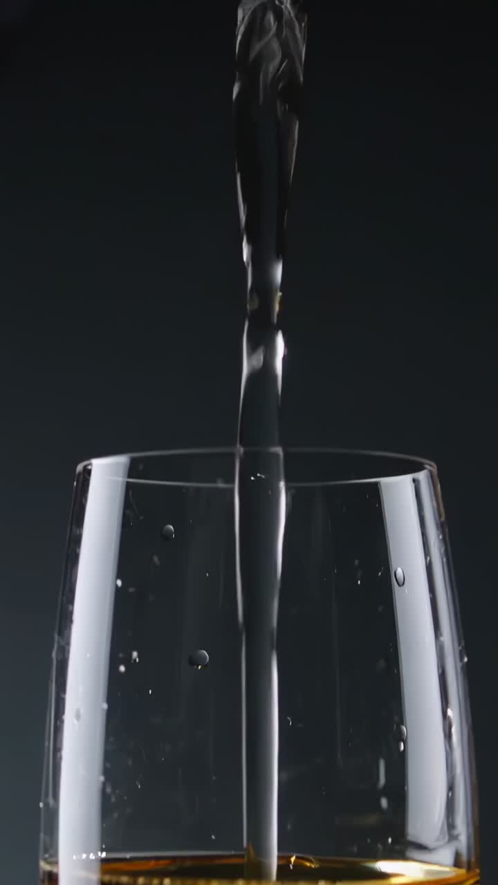 Vertical video: Pouring stream spurring tall clear flute filling in studio forming gold foam column