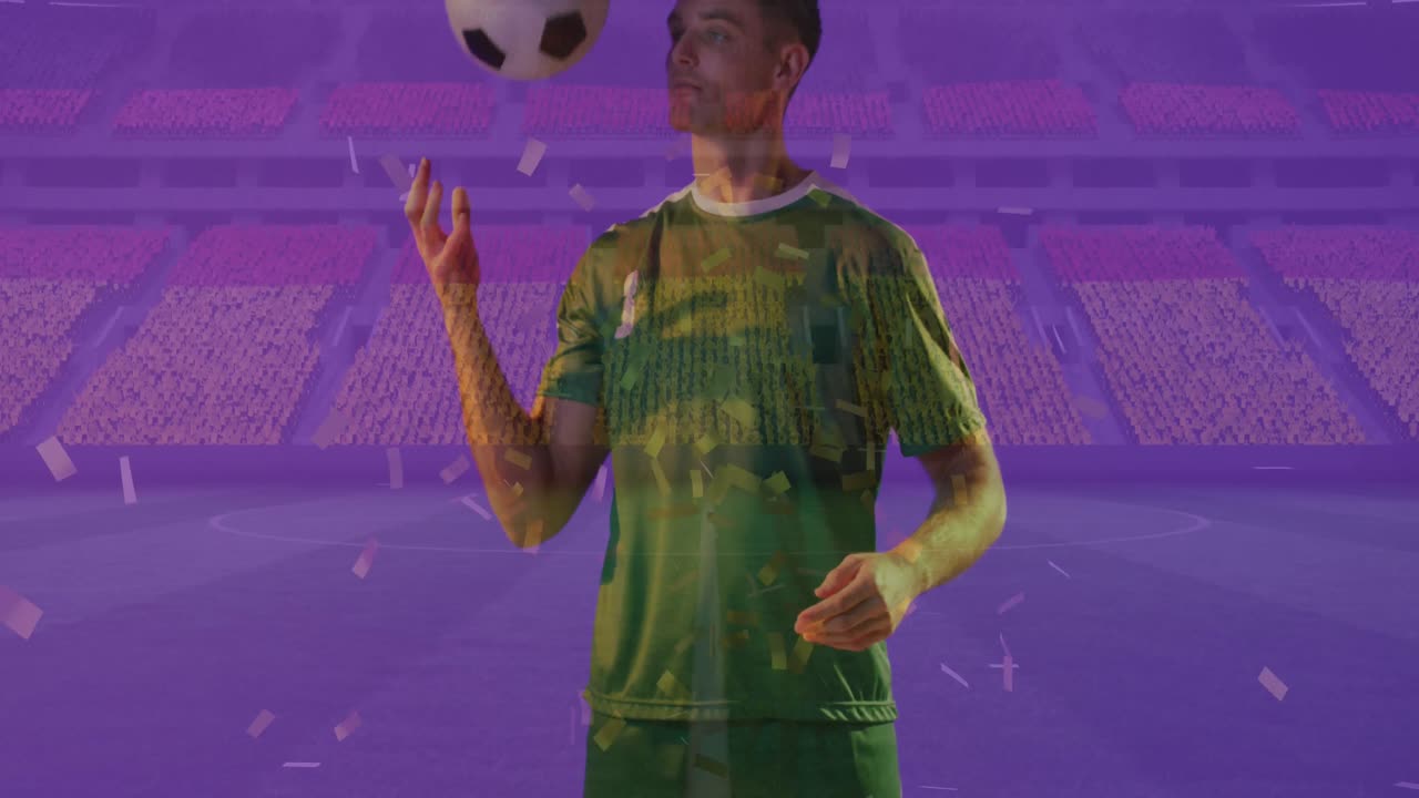 스포츠 경기장에서 카우카스 축구 선수와 독일 국기 위에 떨어지는 콘페티의 애니메이션