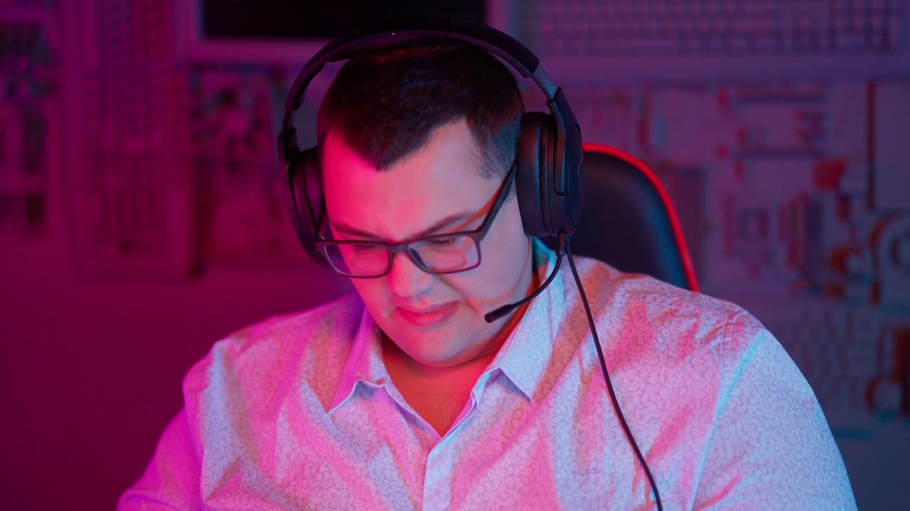Ragazzo concentrato con le cuffie che gioca a un videogioco con illuminazione al neon.