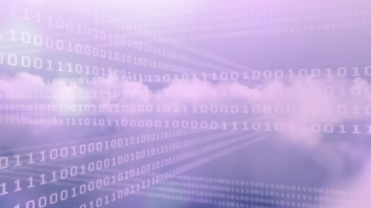 Violet cloudscape starting with scattered binary digits stretching into converging data flow tunnel