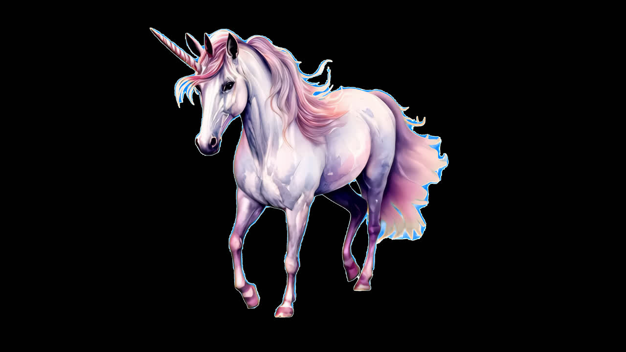 Animazione illustrativa di un maestoso unicorno fantasy, risorsa isolata, video 4K trasparente, canale alfa