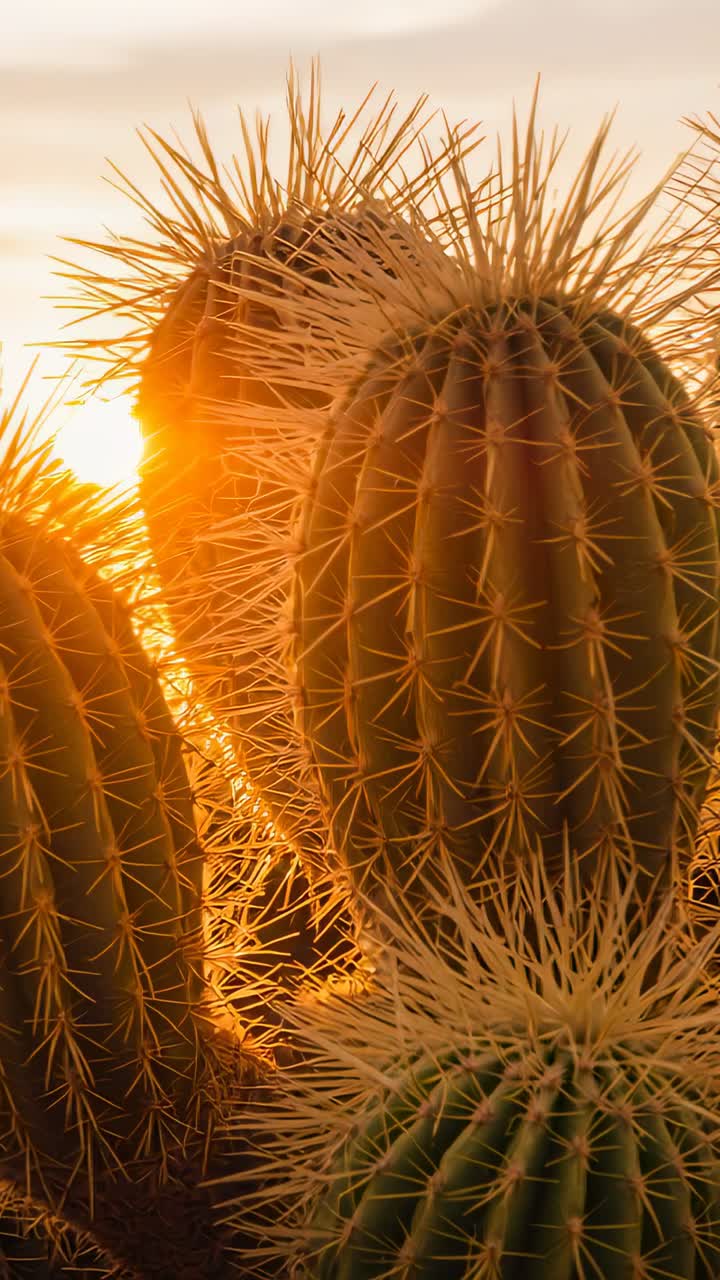 Video verticale: Sole basso in controluce su cactus a barile nel deserto durante il tramonto, che evidenzia le spine.