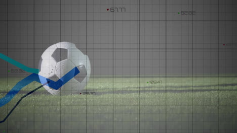 Fußball-Auf-Gras-Mit-Datenanalyse-Animation-über-Gitterhintergrund