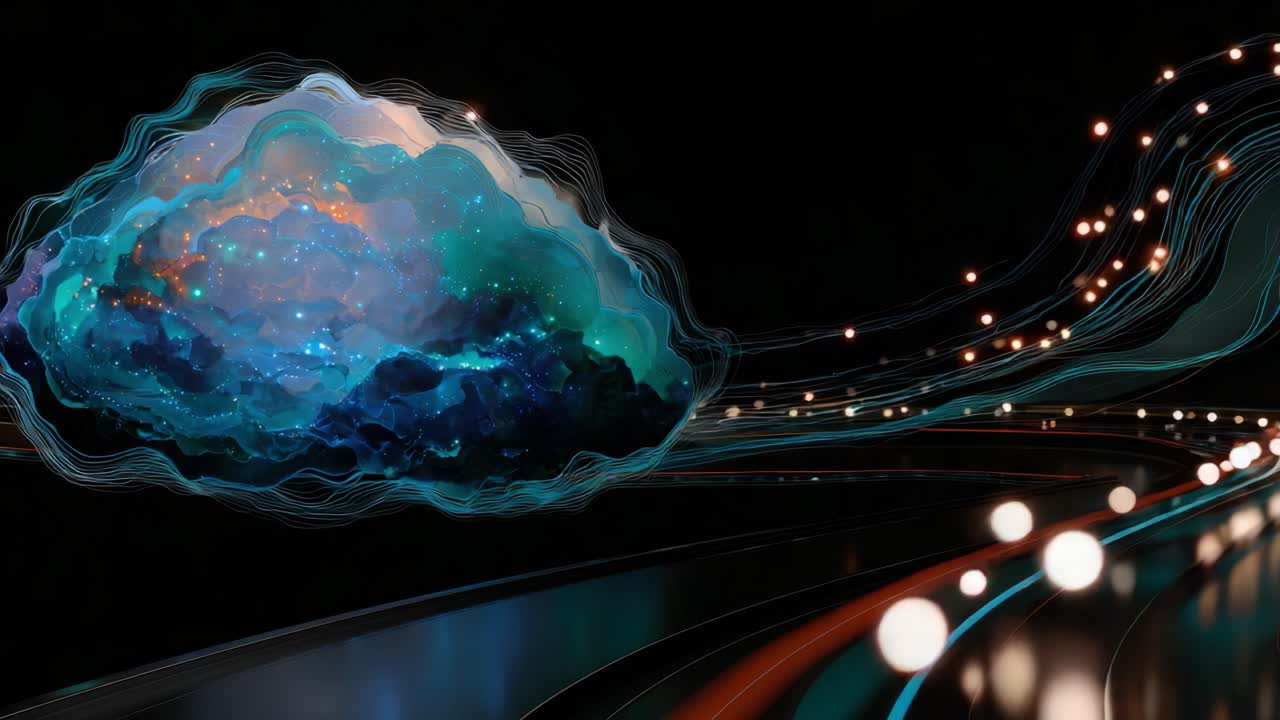 Abstract representation of a futuristic data cloud transferring information along glowing fiber optic cables on a black background, symbolizing network connectivity and big data processing