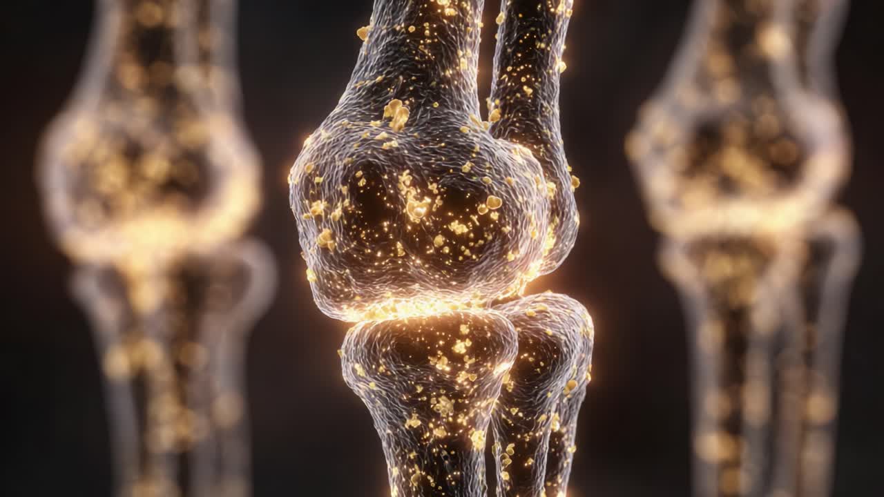 Visualizing the Complex Structure of a Human Knee Joint in Stunning Detail with Glowing Particles, Highlighting Its Functionality and Interconnectivity in the Human Body