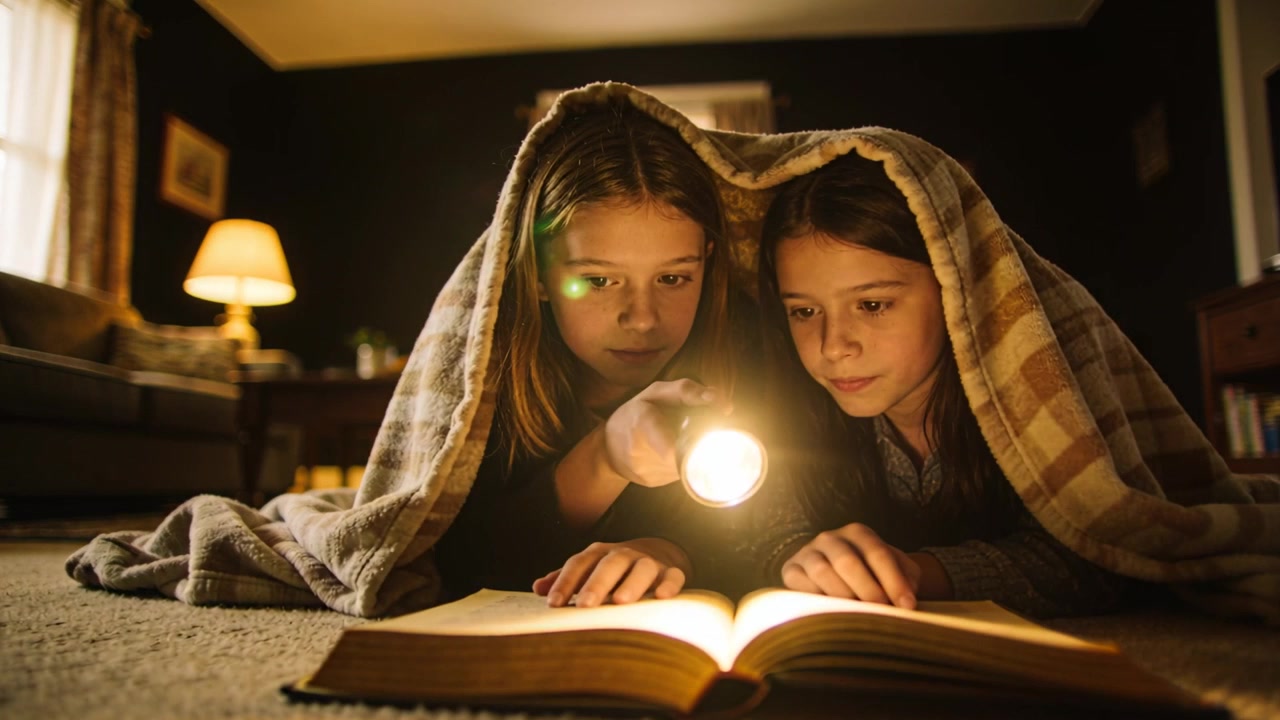 Zwei Mädchen im Schlafanzug schalten eine Taschenlampe ein und lesen ein Hardcover-Buch unter einer karierten Decke auf dem Wohnzimmerteppich.