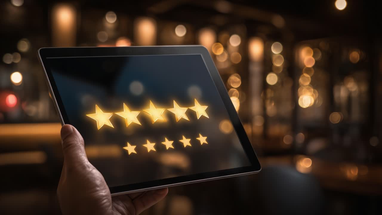 A User's Hand Holding a Tablet Displaying a Bright Rating of Five Stars Against a Blurred Background of Ambient Lights, Illustrating Quality and Satisfaction