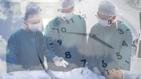 Die-Uhr-Tickt-über-Einem-Team-Von-Chirurgen,-Die-Im-Krankenhaus-Vor-Wolken-Am-Himmel-Operieren