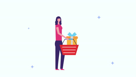 mujer de negocios con cesta de compras y caja de regalos
