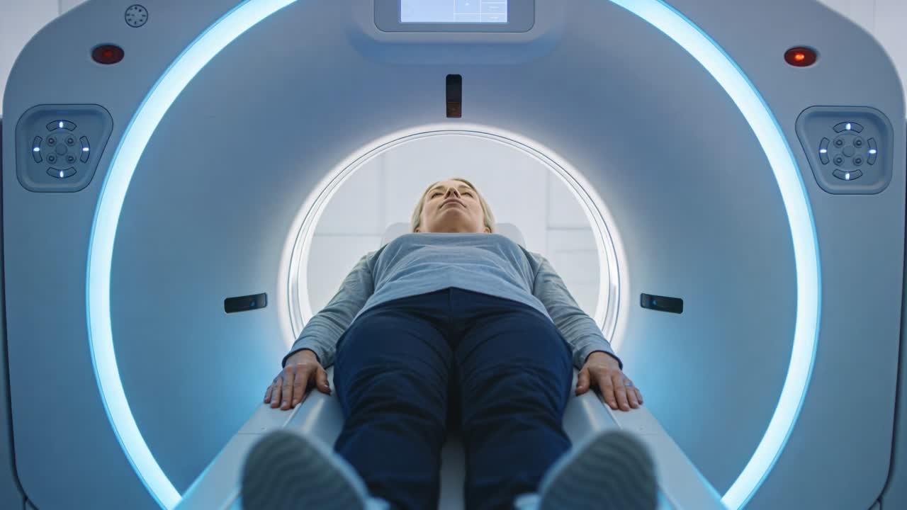 Avviando la scansione, il tavolo motorizzato sposta il paziente nel gantry illuminato della clinica; il paziente indossa un top blu.