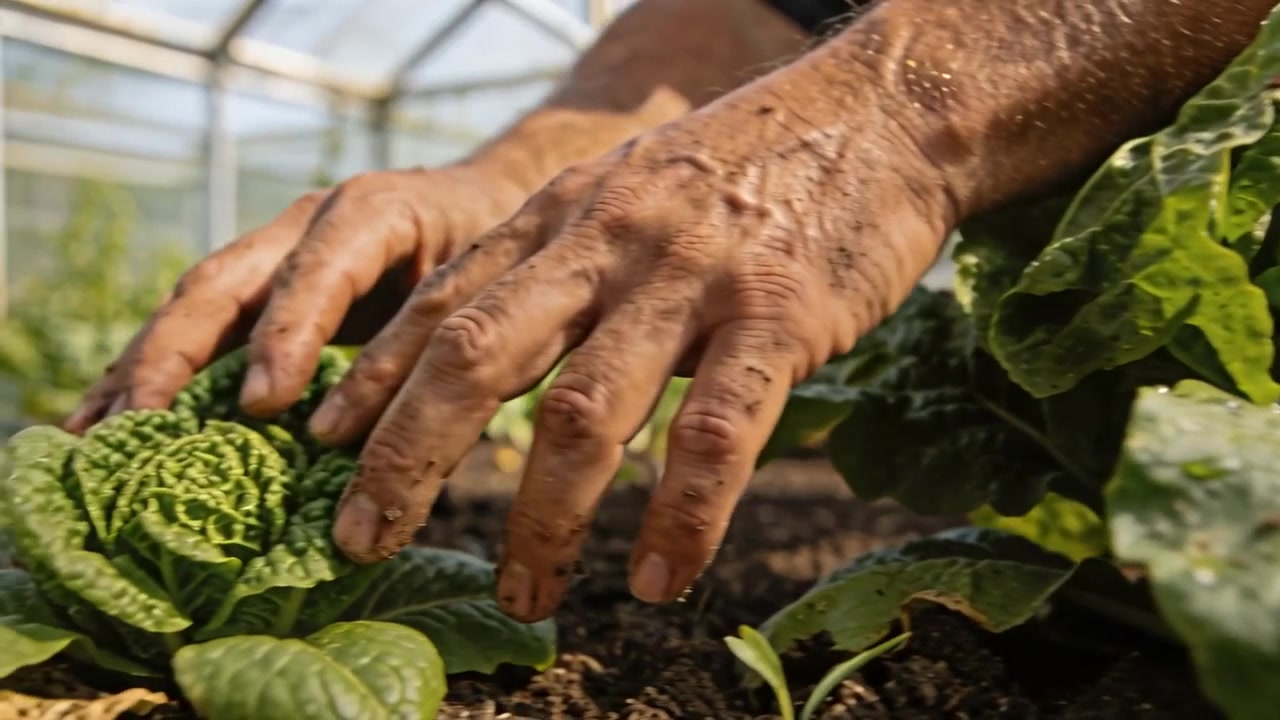 Mãos de agricultor em concha inspecionando repolho na estufa após a rega, verificando a cabeça e acariciando a muda.