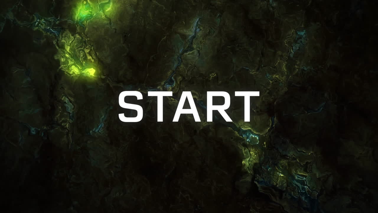 START text animation over dark, abstract background with green and yellow highlights