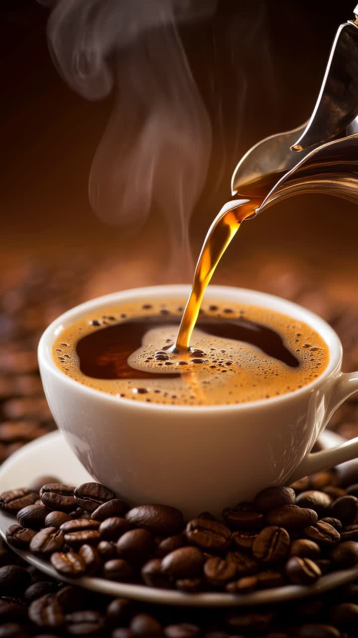 Nærbillede video af dampende kaffe, der hældes i en kop, omgivet af bønner.