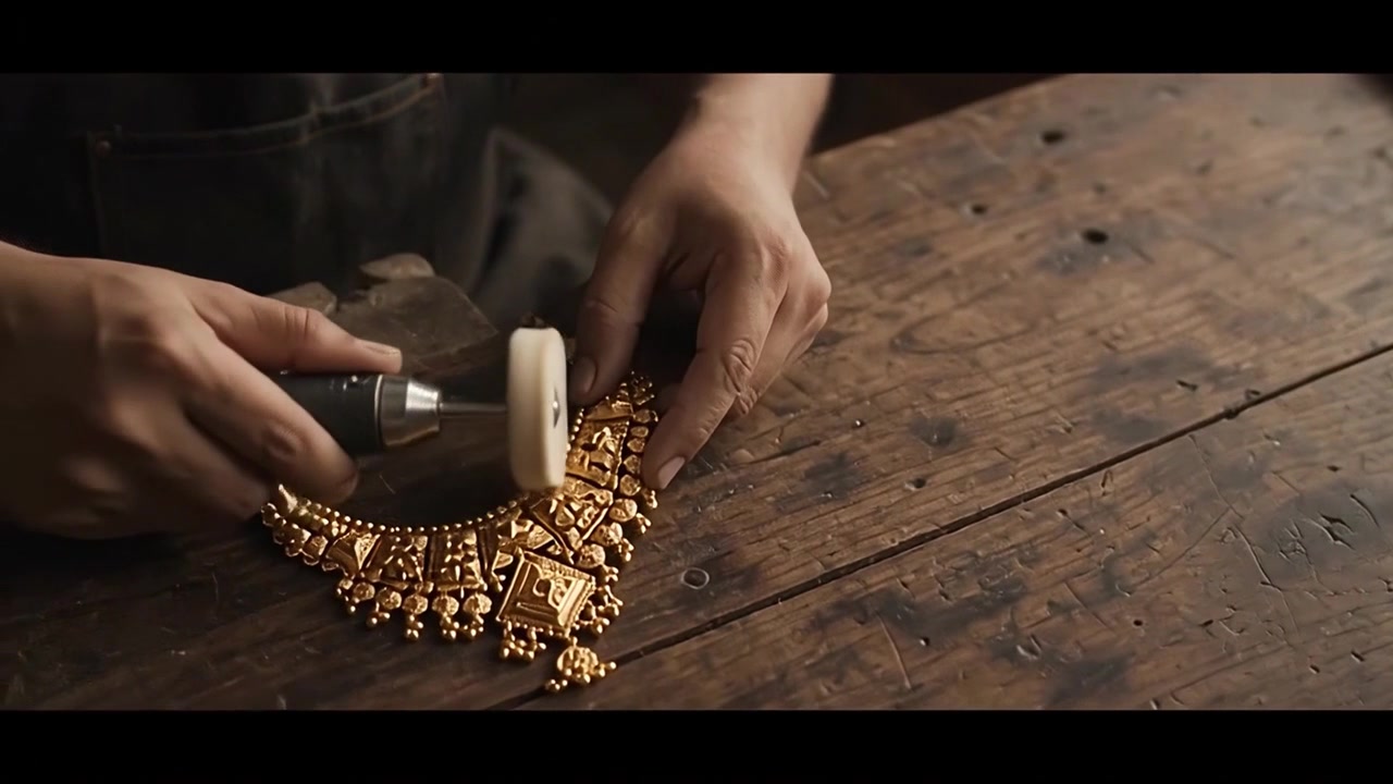 Joyero puliendo un intrincado collar de oro en un taller