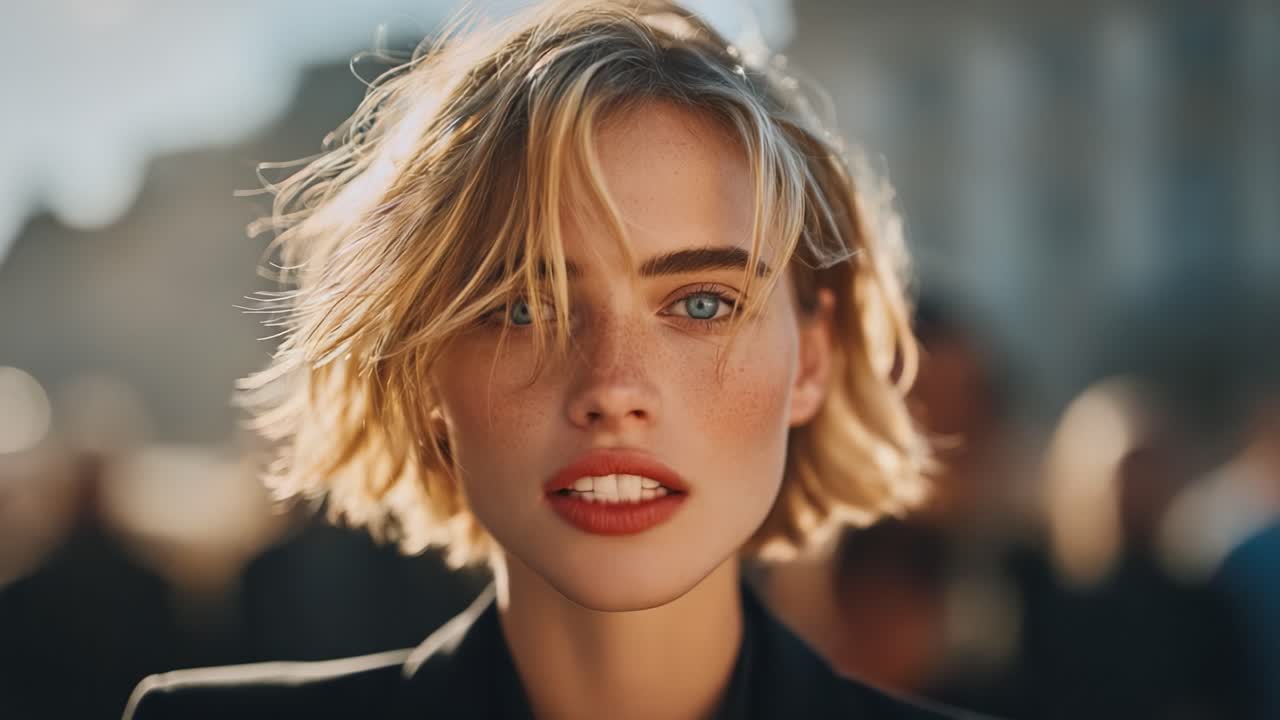 Uno splendido ritratto di una giovane donna con capelli corti e occhi luminosi, su uno sfondo urbano sfocato, catturato in due inquadrature suggestive.