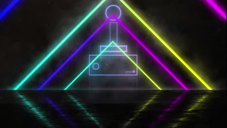 Animation-of-joystick-over-neon-shapes-on-black-background