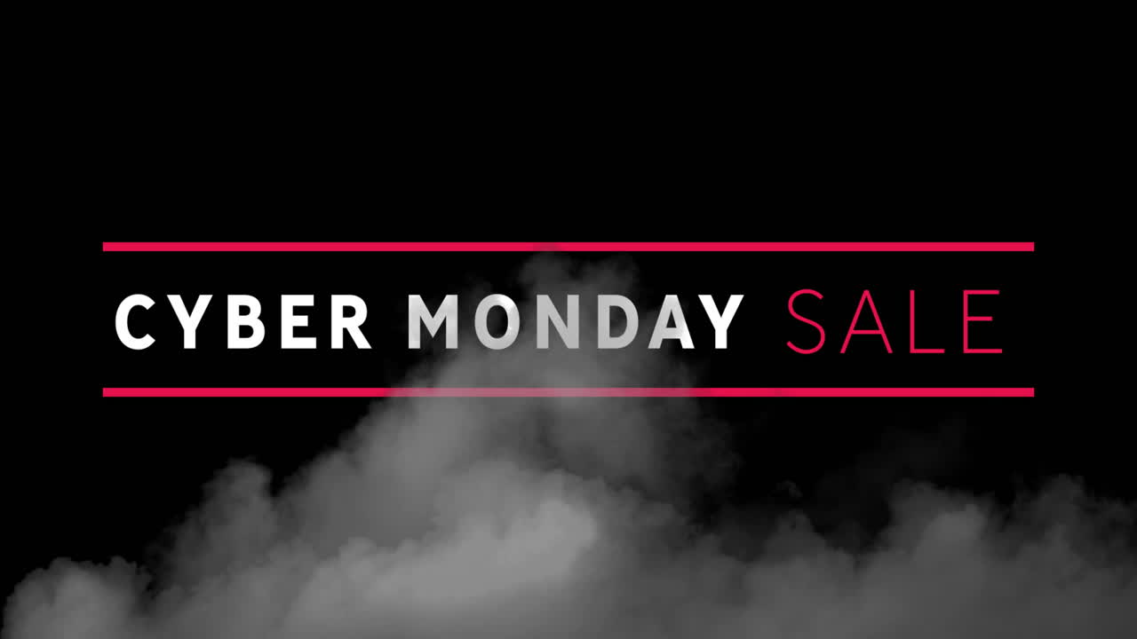 Testo dei saldi Cyber Monday che fluttua su un banner digitale, incorniciato da sottili linee rosse con fumo alla deriva.