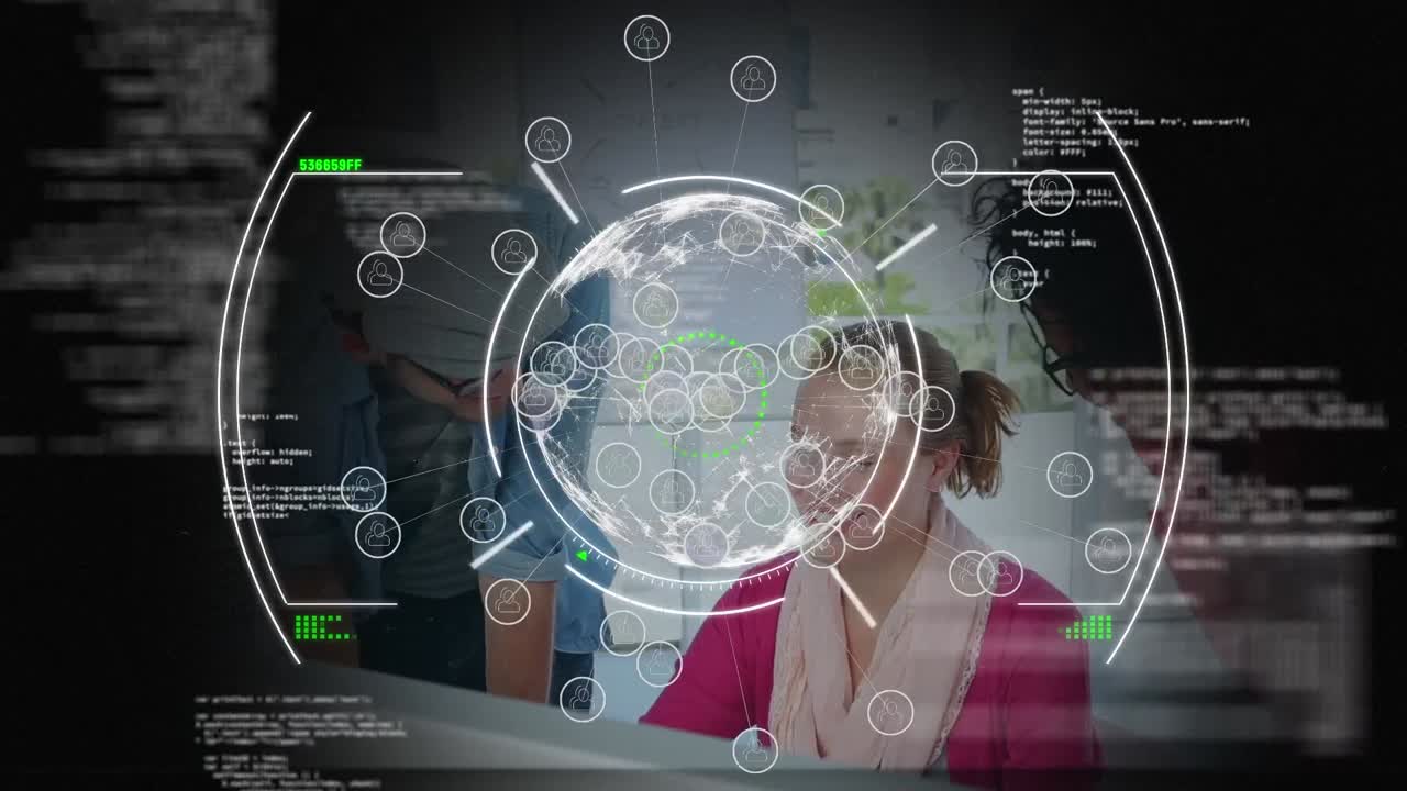 animación de globo y datos diversos sobre un grupo de diversos compañeros de trabajo masculinos y femeninos en la oficina