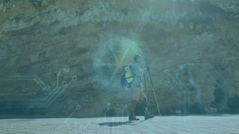 hiker with backpack walking over digital network and data processing animation