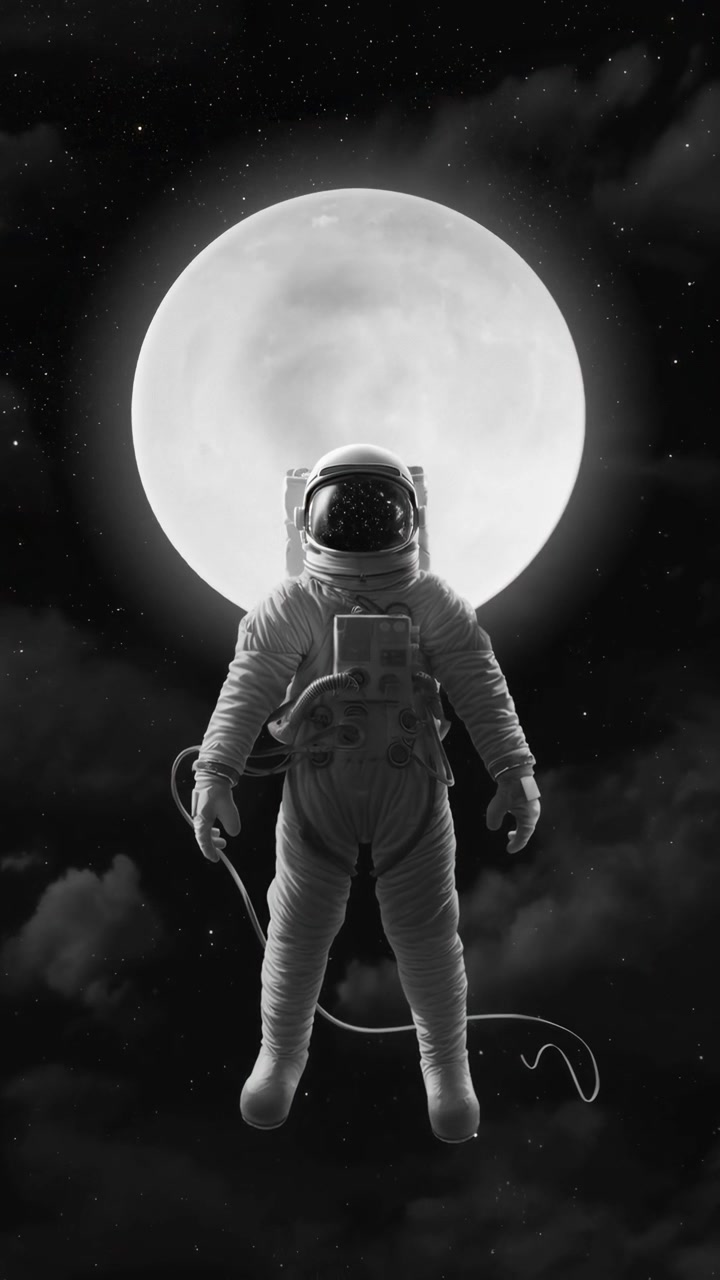 Astronaut Floating in Space Against a Large Full Moon