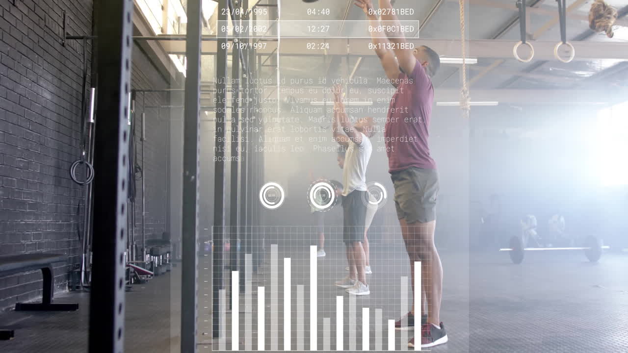 In gym, exercising with animation of data analytics overlay showing graphs