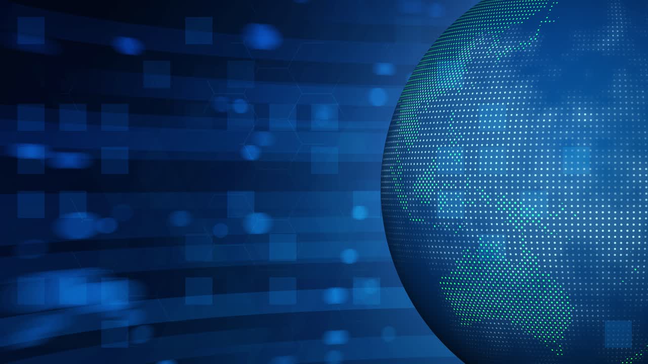 Abstract digital news background featuring a loopable blue earth globe on the right side with dotted continents and dynamic horizontal motion blur light streaks