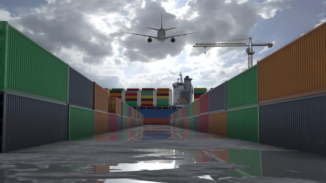 배경 에 비행기 가 있는 항구 에서 컨테이너 선박 과 화물