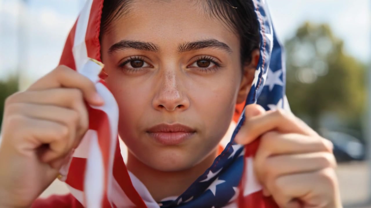 Ragazza adolescente con maglietta rossa, rispondendo alla brezza, tira giù una bandiera americana al parco, formando un foulard.
