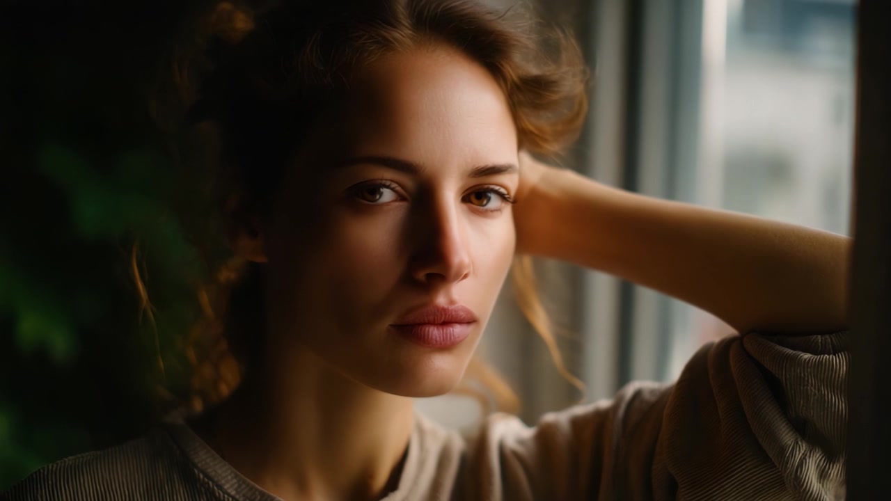 A contemplative woman gazes out the window, lost in thought as soft light bathes her face, capturing a moment of introspection and quiet reflection on life.