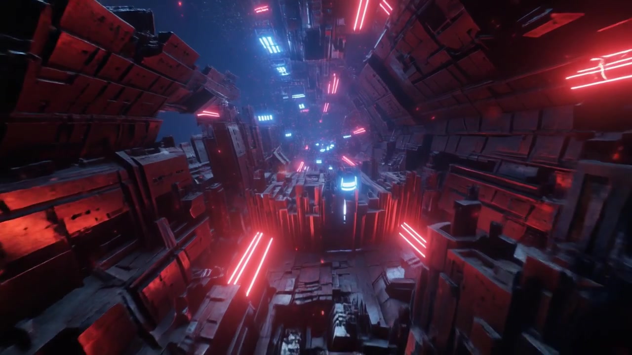 Futuristic Sci-Fi Tunnel with Glowing Red and Blue Neon Lights
